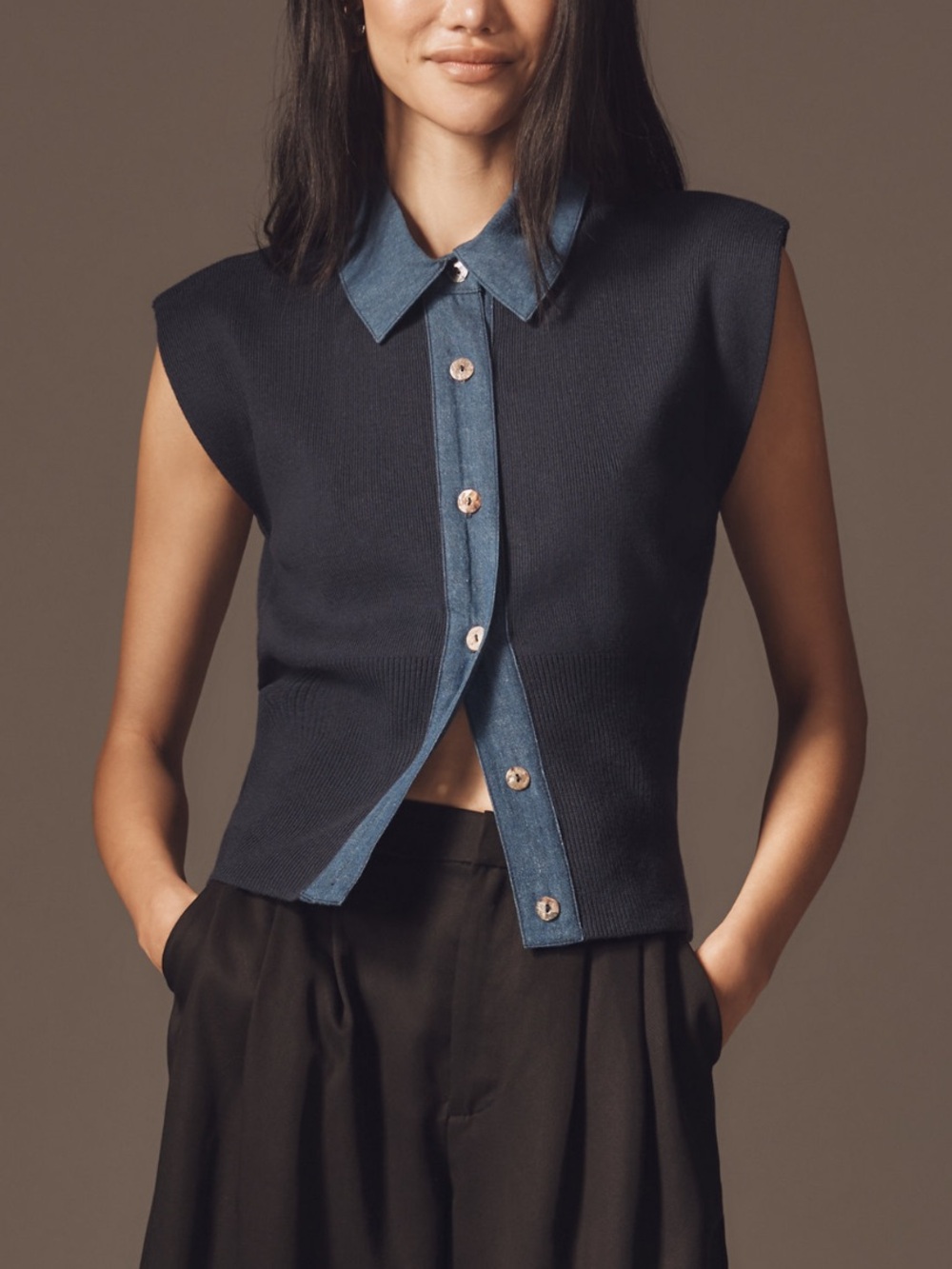 Anthropologie COMMENSE Denim Collar Sleeveless Knit Top XS - Picture 3 of 3